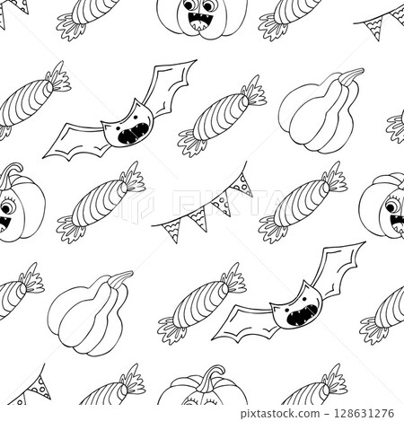 Halloween Monochrome pattern in hand draw style 128631276