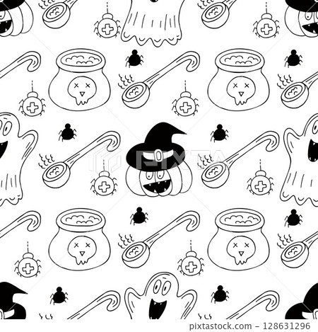 Halloween Monochrome pattern in hand draw style 128631296