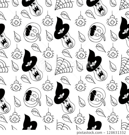 Halloween Monochrome pattern in hand draw style 128631332