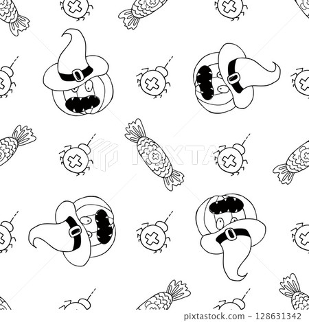 Halloween Monochrome pattern in hand draw style Halloween Monochrome pattern in hand draw style 128631342