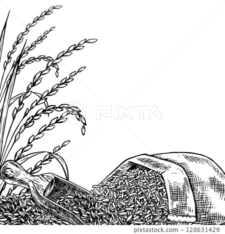 Frame - border with burlap bags and a wooden bowl with rice. Black and white graphics, vector illustrations. Design element for menus, recipes, and cookbooks. For banners, flyers, packaging, and label Frame - border with burlap bags and a wooden bowl with rice. Black and white graphics, vector illustrations. Design element for menus, recipes, and cookbooks. For banners, flyers, packaging, and label 128631429