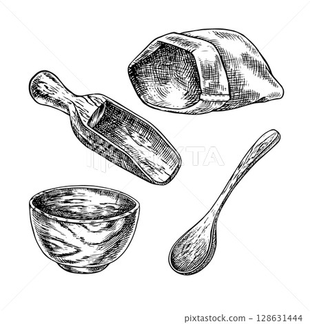 Set of wooden tableware and a bag. Black and white graphics, vector illustrations. Country-style kitchen utensils. Element of menu, recipe, and cookbook design. For packaging. 128631444