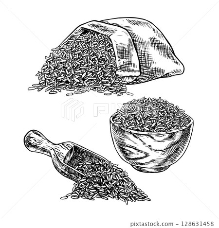 A set of rice, oats, wheat, or rye in a bag, a wooden bowl, and a spatula. Black and white graphics, vector illustrations. An element of menu design, recipes, and cookbooks. For packaging, labels. 128631458