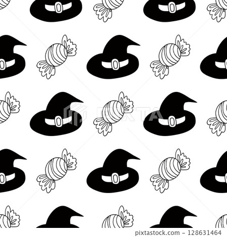 Halloween Monochrome pattern in hand draw style 128631464