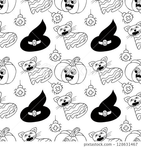 Halloween Monochrome pattern in hand draw style Halloween Monochrome pattern in hand draw style 128631467