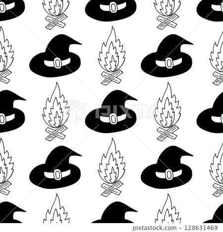 Halloween Monochrome pattern in hand draw style 128631469