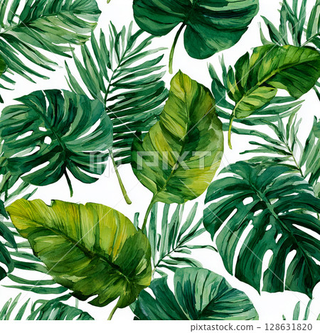 Seamless Tropical Watercolor Pattern with Monstera, Banana Leaves, and Palm Fronds 128631820