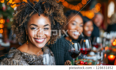 Smiling woman with curly hair enjoying festive dinner with friends and holiday decorations in background 128631852