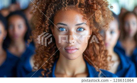 Young woman with curly hair stands confidently in a group of diverse individuals in background 128631864