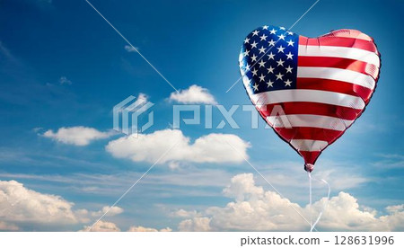 American flag heart shaped balloon and blue sky American flag heart shaped balloon and blue sky 128631996