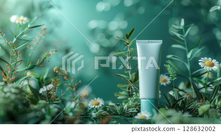 White tube of cream in a natural, green setting. 128632002