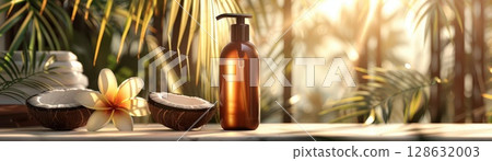 Coconut oil bottle, coconuts, and flower on wooden surface 128632003