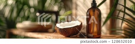Coconut oil bottle with half coconut on wooden table 128632010