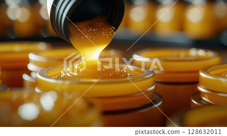 Closeup of a machine filling jars with a thick, golden liquid. Closeup of a machine filling jars with a thick, golden liquid. 128632011