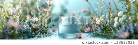 Glass jar with cream on a floral background. 128632021