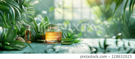 Close up of natural essential oils,  aloe vera and green leaves on a wooden table. 128632025