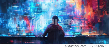 Mysterious hooded figure stands before a vibrant digital cityscape. 128632078
