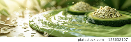 Fresh avocado halves with a sprinkle of sesame seeds. 128632107