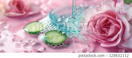 Close-up of a pink rose with cucumber slices and water droplets. 128632112