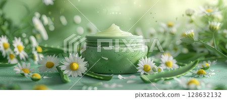 Jar of cream on green background with daisies 128632132