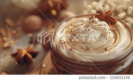 Close-up of a brown jar with a splash of brown powder coming out of it. 128632148