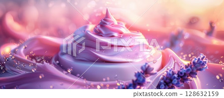 Cream jar in lavender field, natural beauty product, skincare. 128632159