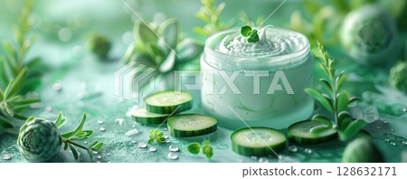 Close-up of a jar of face cream with cucumber slices and green leaves, perfect for skincare and beauty products. 128632171