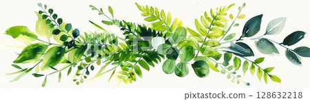 Elegant watercolor fern in pastel green tones, gentle brushstrokes, isolated on white background, side view, serene and calm atmosphere 128632218