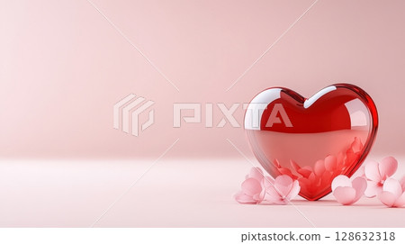Floating Red Heart Shaped Glass Ornament on Romantic Pink Background 128632318