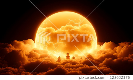 Captivating moonrise casting a warm glow over a tranquil forest landscape with silhouetted trees against a dramatic sky filled with billowing clouds 128632376