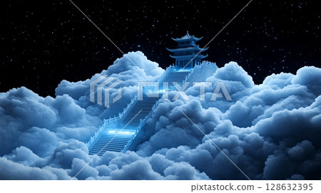 A fantastical pagoda structure ascends through a sea of ethereal moonlit clouds creating a dreamlike otherworldly landscape under a starry night sky 128632395