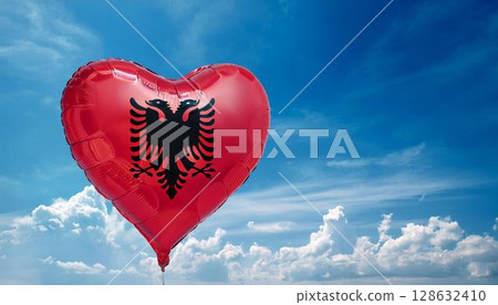 Albanian flag heart shaped balloon and blue sky Albanian flag heart shaped balloon and blue sky 128632410