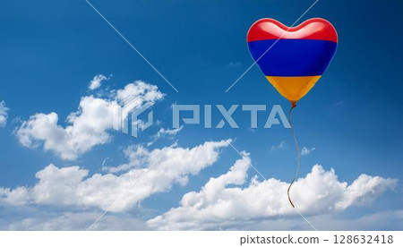 Armenian flag heart shaped balloon and blue sky 128632418