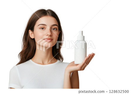 Close up of a neutral hand holding a matte finish glass skincare bottle against a clean white background The product packaging is simple and modern showcasing a minimalist design for a natural 128632500