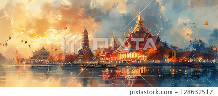 Watercolor painting of a traditional Thai temple by a river, surrounded by people releasing krathongs, soft colors, and festive atmosphere Watercolor painting of a traditional Thai temple by a river, surrounded by people releasing krathongs, soft colors, and festive atmosphere 128632517