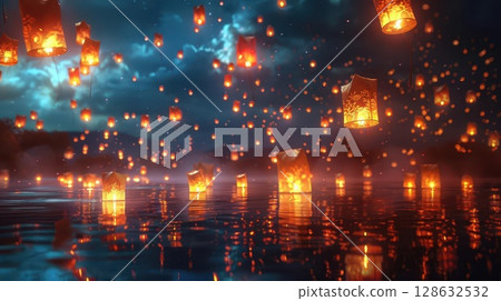3D illustration of a futuristic Loy Krathong festival with holographic lanterns and glowing krathongs, modern and festive 128632532