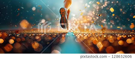 Closeup of a runner's legs with blurred background of bokeh lights, conveying motion and energy. 128632606