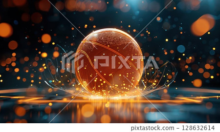 Glowing basketball with abstract blue and orange background 128632614