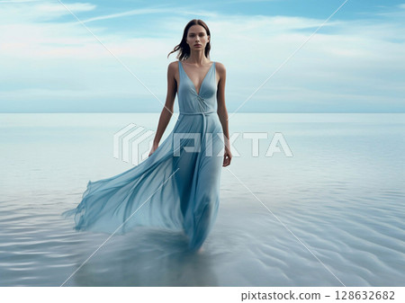 Beautiful fashion woman model walking in calm ocean water wearing designer blue silk.AI Generative 128632682