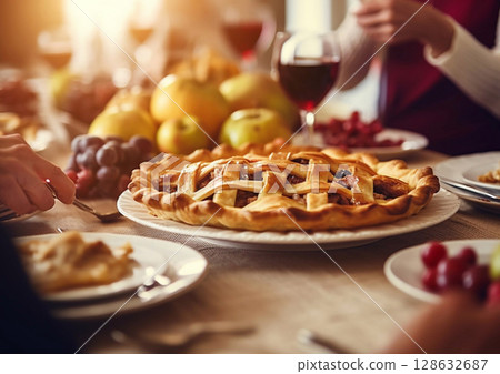 Thanksgiving family dinner with homemade traditional apple pie on table.Macro.AI Generative Thanksgiving family dinner with homemade traditional apple pie on table.Macro.AI Generative 128632687