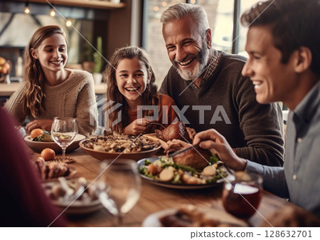 Happy family gathering together and having good times with jokes and laugh during lunch time.Macro.AI Generative Happy family gathering together and having good times with jokes and laugh during lunch time.Macro.AI Generative 128632701