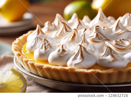 Meringue homemade lemon cake pie as perfect party original dessert.Macro.AI Generative 128632728