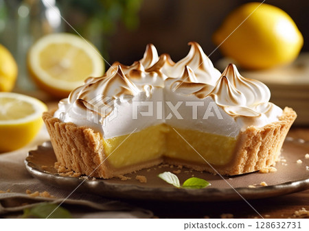 Meringue fresh lemon cake with buttercream and ripe lemons on table.Macro.AI Generative 128632731