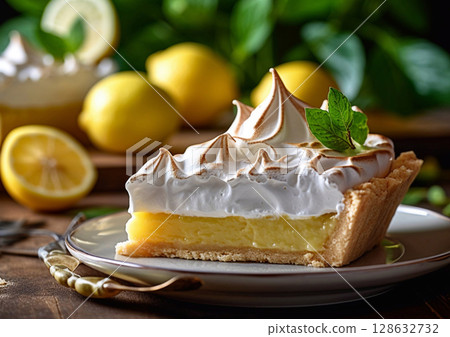 Slice of meringue lemon cake with mint leaf on table.Macro.AI Generative 128632732