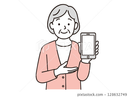 Illustration of a senior woman introducing a smartphone 128632749