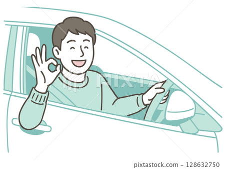 Smiling male driver giving an OK sign while driving 128632750