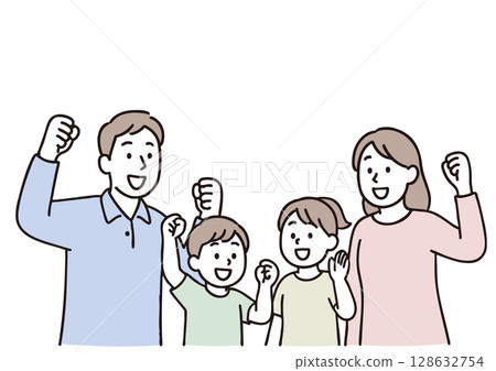 Illustration of a cheerful family of four doing a fist pump 128632754