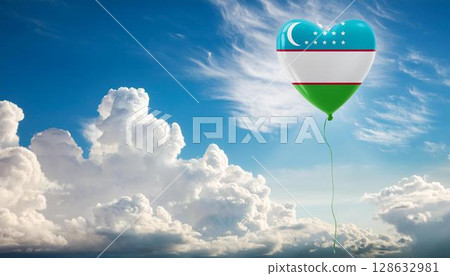 Uzbekistan flag heart shaped balloon and blue sky 128632981