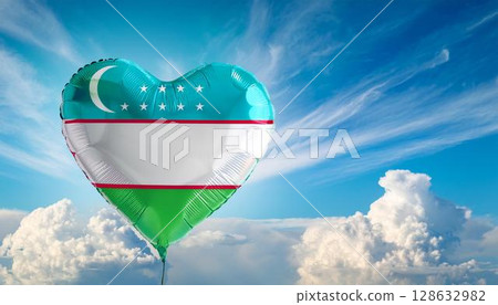 Uzbekistan flag heart shaped balloon and blue sky 128632982