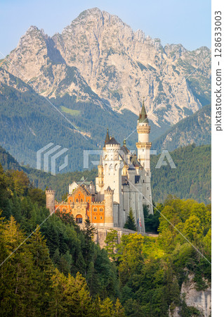 Neuschwanstein Castle with the Rocky Mountains on a Sunny Day 128633003
